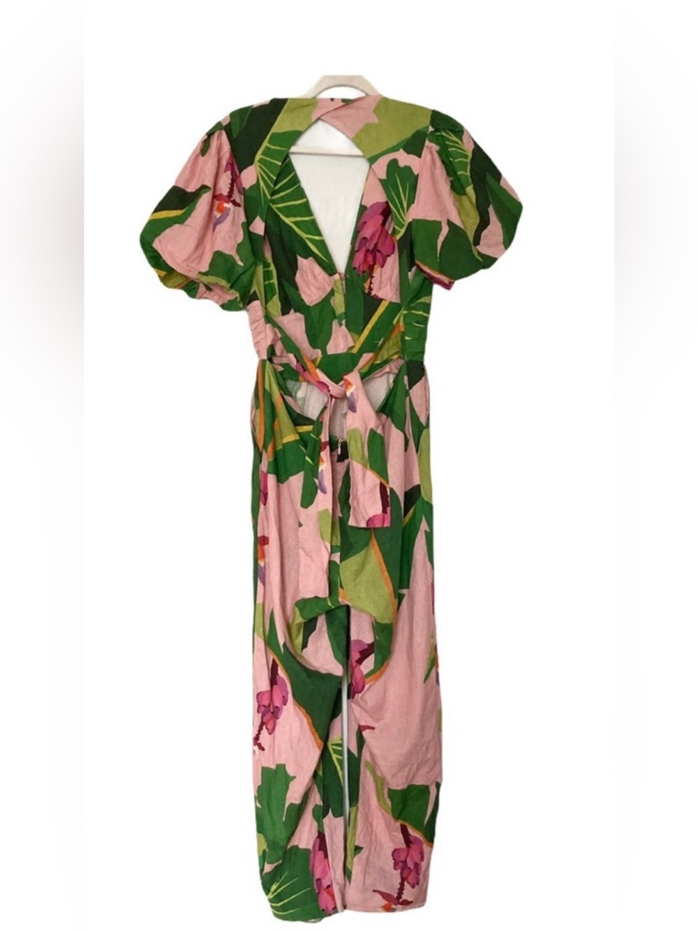 FARM Rio Tropicalistic Anthropologie puff sleeve open back linen jumpsuit M - Picture 3 of 11